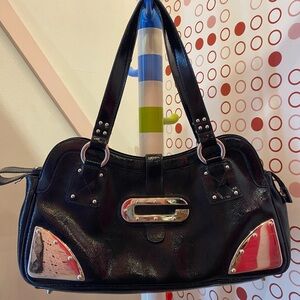 Y2K GUESS Black Patent Leather Satchel Purse Silver Hardware